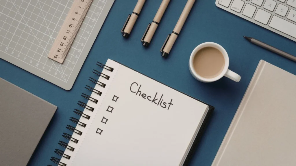 Reduzir a carga de trabalho sem perder resultados: como trabalhar menos e produzir melhor. 3 mesa organizada com checklist simplificado